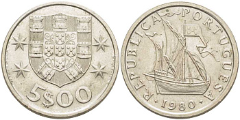 ПОРТУГАЛИЯ 5 ЭСКУДО 1980 ПАРУСНИК KM 591 медно-никель 4390-217