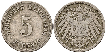 Германия 5 пфеннигов 1898 A KM 11, J. 12 медно-никель 4151-417