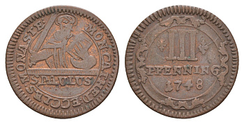 Мюнстер 3 пфеннига 1748 Монетный двор кафедрального капитула KM 430 медь 633-1443