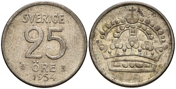 Швеция 25 эре 1954 TS, Густав VI Адольф (1950-1973) KM 824 серебро 4147-1037