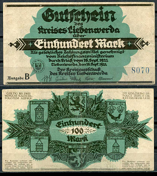 Германия, Либенверда 100 марок 1922 нотгельд, 16.09.1922, серия B, 4 цифры в номере M. 2720.3 бумага UNC (пресс) 00-00