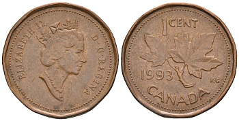 Канада 1 цент 1993 Елизавета II (1952-2022), кленовый лист KM 181 бронза 4609-239