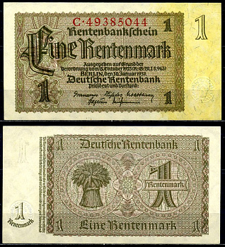 Германия 1 рентенмарка 1937 30 января 1937, серия C, номер 8-значный Pick 173, Розенберг 166b бумага аUNC 3295-11-3-2