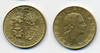 ИТАЛИЯ 200 ЛИР 1993 R, 70 ЛЕТ ВОЕННОЙ АВИАЦИИ KM 155 алюминиевая бронза 4380-1023