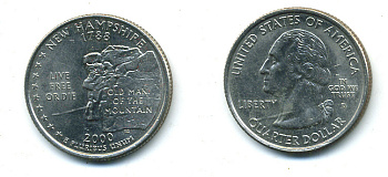 США 25 центов = квотер 2000 D, серия штаты США, Нью-Гэмпшир KM 308 медь плакированная медно-никелем 4388-755