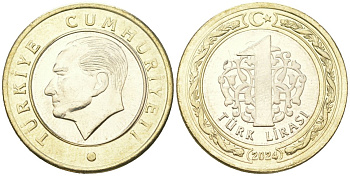 Турция 1 лира 2024 KM?1575 биметалл UNC 68-1157