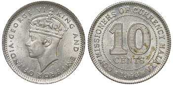 Британская Малайя 10 центов 1943 Георг VI (1937-1952) KM 4a серебро 53-246