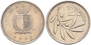 Мальта 2 цента 1991 оливковая ветвь KM 94 медно-никель 4585-1268