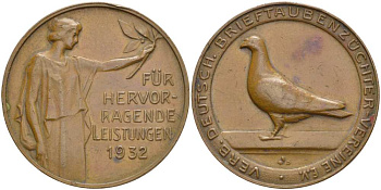 ГЕРМАНИЯ МЕДАЛЬ 1932 ЗА ВЫДАЮЩИЕСЯ ДОСТИЖЕНИЯ, НАГРАЖДАЕТСЯ АССОЦИАЦИЯ НЕМЕЦКИХ СЕЛЕКЦИОНЕРОВ ПОЧТОВЫХ ГОЛУБЕЙ, КЛУБЫ E.V., ВЕЙМАРСКАЯ РЕСПУБЛИКА, ДИАМЕТР 38 ММ., ВЕС 21,05 ГР. бронза 1084-2-14