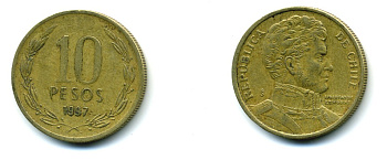 ЧИЛИ 10 ПЕСО 1997 БЕРНАРДО ХИГГИНС KM 228.2 никель латунь 37-152