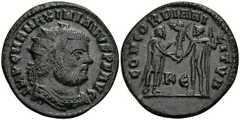 Римская Империя двойной денарий 295 - 299 Максимиан Геркулий CONCORDIA MILITVM Кизик Good Very fine RIC 15b бронза 1073-3-7-1