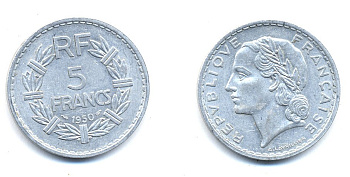ФРАНЦИЯ 5 ФРАНКОВ 1950 KM 888b.1 алюминий 4379-1225