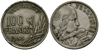Франция 100 франков 1955 KM 919.1 медно-никель 4575-1027