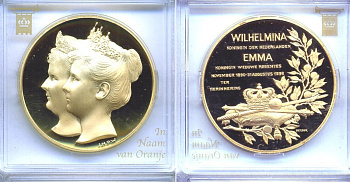 Нидерланды медаль ND КОРЛЕВА НИДЕРЛАНДОВ ВИЛЬГЕЛЬМИНА И КОРОЛЕВА РЕГЕНТША ЭММА- СОВМЕСТНОЕ ПРАВЛЕНИЕ (1890-1898) бронза, позолота PROOF 5-3-1-95