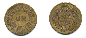 Перу 1 соль 1943 KM 222 латунь 83-1241