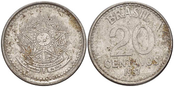 Бразилия 20 сентаво 1987 герб KM 603, Schon 112 нержавеющая сталь 29-1129