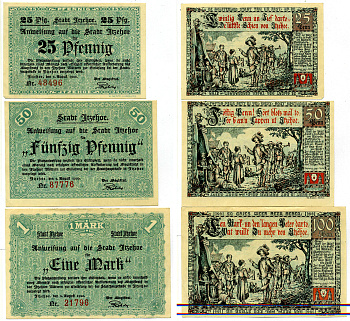 ИТЦЕХО ЛОТ ИЗ 3 БАНКНОТ 1920 2 АВГУСТА 1920, НОТГЕЛЬД (25, 50 ПФЕННИГОВ 1 МАРКА), ГОЛУБОЙ ФОН, СЕРИЯ КРАСНАЯ, ЗЕМЛЯ ШЛЕЗВИГ-ГОЛЬШТЕЙН Grabowski 649.2а бумага 2193-5-2-1