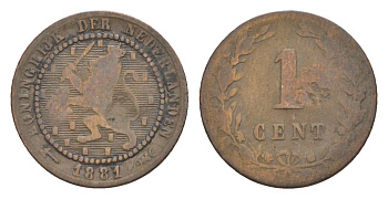 Нидерланды 1 цент 1881 Виллем III (1849-1890) KM 107 бронза 66-322