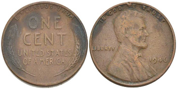 США 1 ЦЕНТ 1946 ЛИНКОЛЬН KM А132 медь цинк 3309-545
