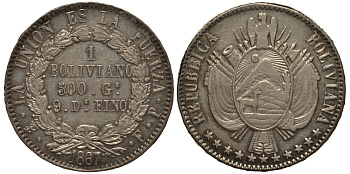 Боливия 1 боливиано 1867/6 11 звезд KM 152.2 серебро aUNC 00-804-32