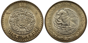 Мексика 10 песо 1998 Мо, бог Тонатиуха с огненной маской KM 616 биметалл XF- 215-1016