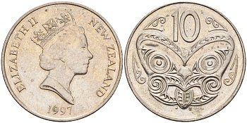 Новая Зеландия 10 центов 1997 Елизавета II (1952-2022), маска маори KM 61 медно-никель 4126-1237