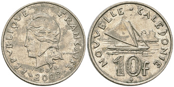 Французская Новая Каледония 10 франков 2009 рыбачья парусная лодка, (IEOM) KM 11a, Schoen 13a, Lec 99k медно-никель 61-1154