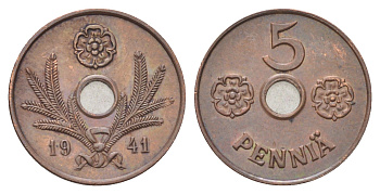 Финляндия 5 пенни 1941 KM 64 медь 4668-869