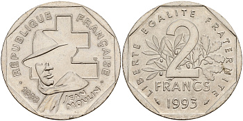 Франция 2 франка 1993 Жан Мулен, 50 лет Национальному движению сопротивления KM 1062, Le Franc 273.2 никель 4601-922