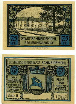 Шнейдемюль (SCHNEIDEMUHL) 75 пфеннигов 1922 нотгельд (KONTO Е), земля Померания Grabowski 1191.1b бумага 2196-1-1-2