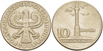 Польша 10 злотых 1965 MW, 700 лет Варшаве, Колонна Сигизмунда KM 55 медно-никель 4403-543