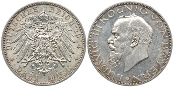 Бавария 3 марки 1914 D, Людвиг III (1913-1918) Weege 52, J. 52, KM 520 серебро 413-5522