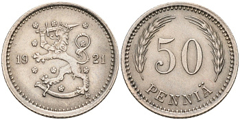 ФИНЛЯНДИЯ 50 ПЕННИ 1921 H KM 26 медно-никель 192-1112