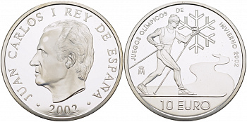 Испания 10 евро 2002 XIX зимние Олимпийские игры в Солт-Лейк-Сити , лыжник KM 1078 серебро PROOF 11-086-43