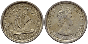 Британские Восточно-Карибские территории 10 центов 1955 Елизавета II (1952-2022), парусник KM 5 медно-никель 4387-223