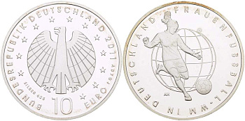 ФРГ 10 евро 2011 чемпионат мира по футболу в Германии 2011 года среди женщин KM 299, DE.S 10.51 серебро PROOF 1082-9-31