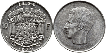 БЕЛЬГИЯ 10 ФРАНКОВ 1970 BELGIE, БОДУЭН I (1951-1993) KM 156.1 никель 63-854
