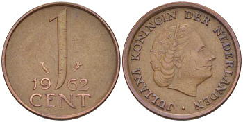 Нидерланды 1 цент 1962 Юлиана (1949-1980) KM 180 бронза 3955-124