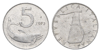 Италия 5 лир 1973 R, плуг, дельфин KM 92 алюминий 188-1229