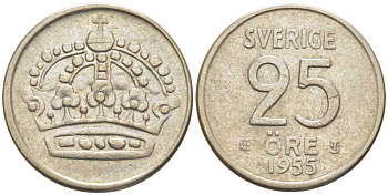 Швеция 25 эре 1955 TS, Густав VI Адольф (1950-1973) KM 824 серебро 116-1146