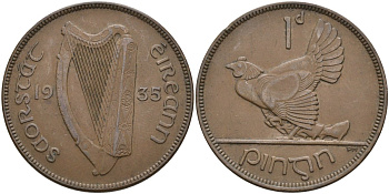Ирландия 1 пенни 1935 курица с цыплятами KM 3 бронза 4137-646