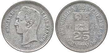 Венесуэла 25 сентимо 1989 Симон Боливар KM 50а сталь плакированная никелем 4594-427