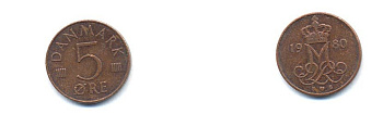 ДАНИЯ 5 ЭРЕ 1980 B; B, МАРГРЕТЕ II (1972-) KM 859.2 железо плакированное медью 4379-761