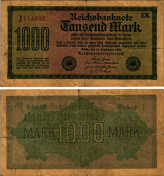 ГЕРМАНИЯ 1000 МАРОК 1922 15 СЕНТЯБРЯ 1922, ВОДЯНОЙ ЗНАК I, ЖЕЛТАЯ БУМАГА, СЕРИЯ EK Pick 76b, Rosenberg 75d бумага 7183-63-1-2