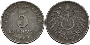 Германия 5 пфеннигов 1921 A KM 19, J. 297 железо 4151-634