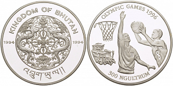 Бутан 300 нгултрумов 1994 XXVI летние Олимпийские Игры, Атланта 1996 - Баскетбол KM 73 серебро  PROOF 02-112-24