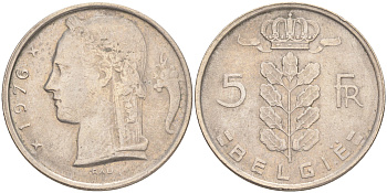 БЕЛЬГИЯ 5 ФРАНКОВ 1976 BELGIE KM 135.1 медно-никель 4556-553