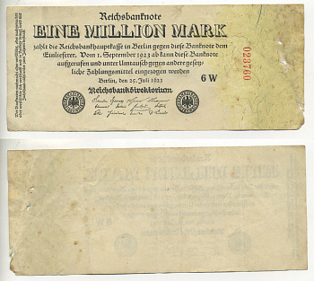 Германия 1000000 марок 1923 25 июля 1923, серия 6 W Pick 94 (2-1) бумага 434-25-1-2
