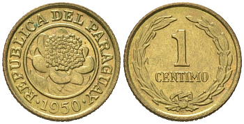 Парагвай 1 сентимо 1950 KM 20 алюминиевая бронза aUNC 188-651