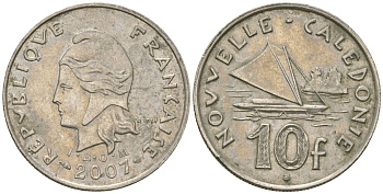 Французская Новая Каледония 10 франков 2007 рыбачья парусная лодка, (IEOM) KM 11a, Schoen 13a, Lec 99k медно-никель 56-335